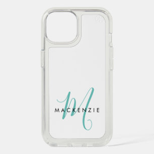 Elegant Modern White Teal Script Monogram iPhone 15 Case