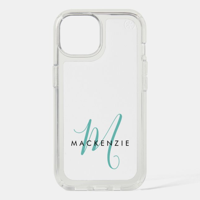 Elegant Modern White Teal Script Monogram Speck iPhone Case (Front)