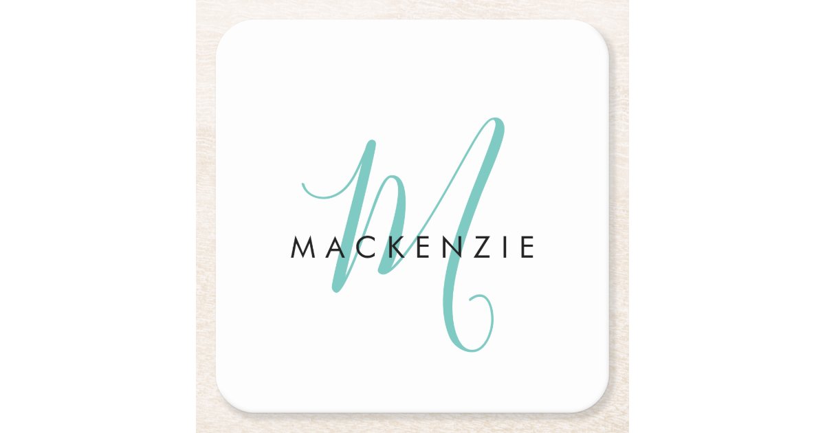 Elegant Modern White Teal Script Monogram Square Paper Coaster | Zazzle