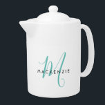 Elegant Modern White Teal Script Monogram Teapot<br><div class="desc">Elegant Modern White Teal Script Monogram teapot.  An elegant teal script monogram combined with a clean black san-serif font makes for a contemporary look.</div>