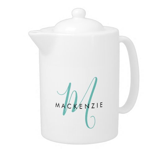 Elegant Modern White Teal Script Monogram Teapot