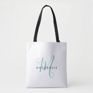 Elegant Modern White Teal Script Monogram Tote Bag