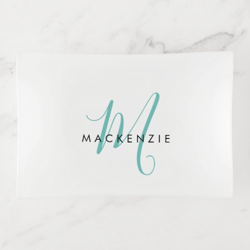 Elegant Modern White Teal Script Monogram Trinket Tray