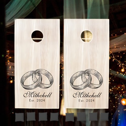 Elegant Modern White Washed Wood Wedding Rings Cornhole Set