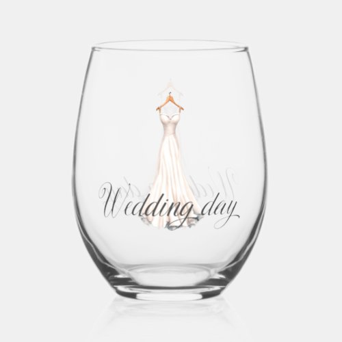 Elegant Modern White Wedding Day Dress  Stemless Wine Glass