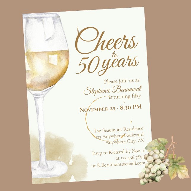 Elegant Modern White Wine Cheers 50th Birthday Invitation (Creator Uploaded)