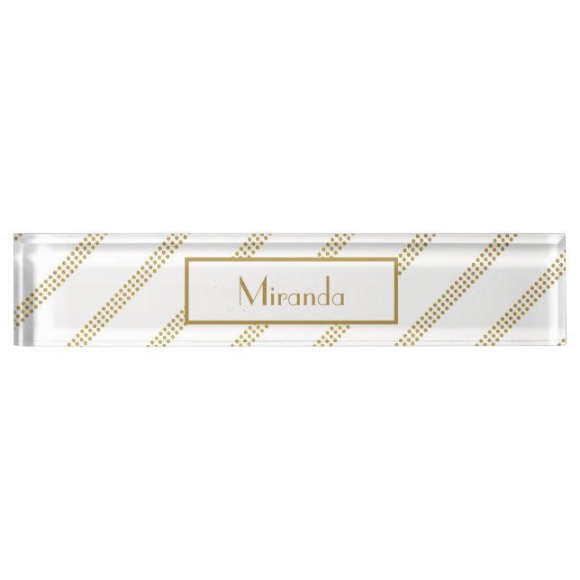 Elegant Modern White with Dotted Gold Lines Desk Name Plate (Front)