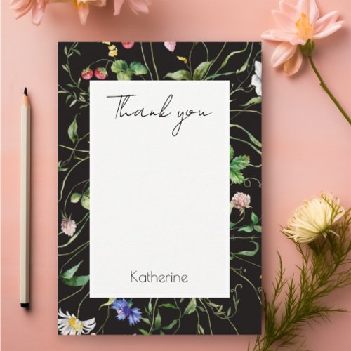 Elegant Modern Wildflower Black Graduate Thank You Enclosure Card