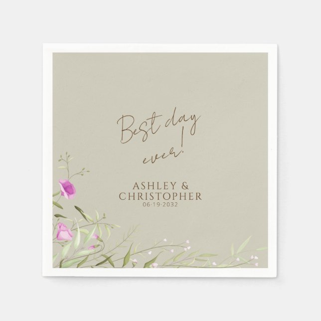 Elegant Modern Wildflower Taupe Wedding Napkins (Front)