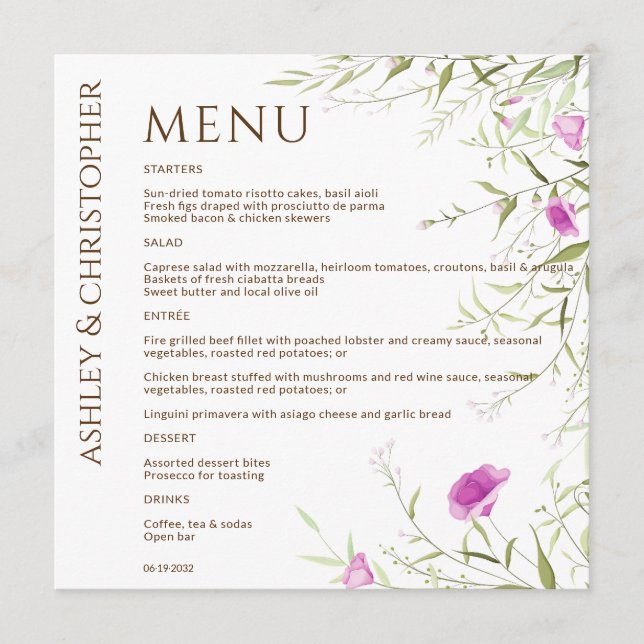 Elegant Modern Wildflower White & Bronze Wedding Menu (Front)