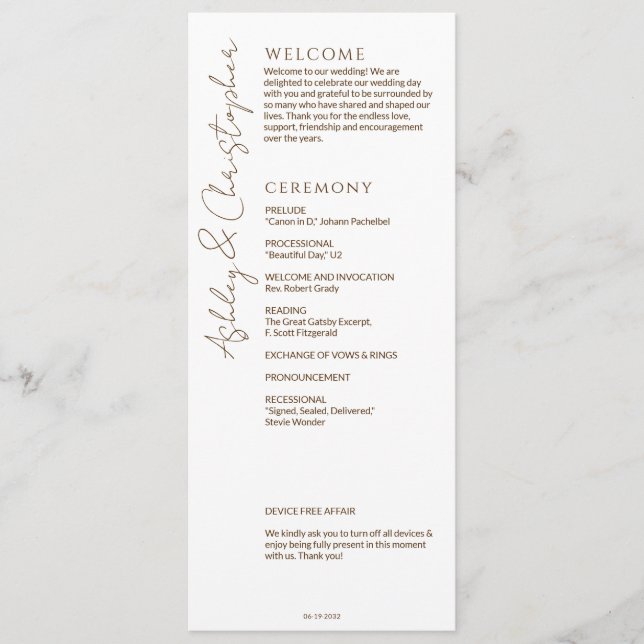 Elegant Modern Wildflower White & Bronze Wedding Program (Front)