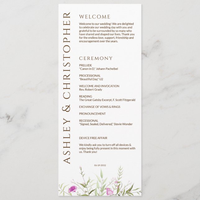 Elegant Modern Wildflower White & Bronze Wedding Program (Front)