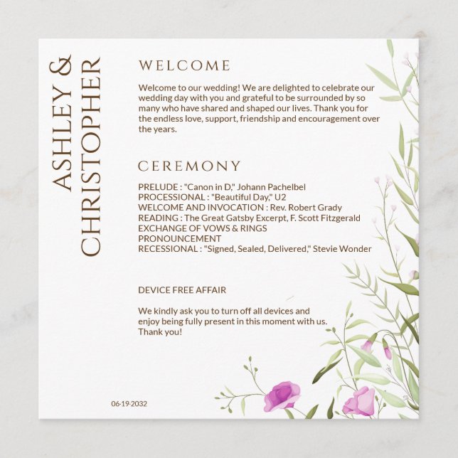 Elegant Modern Wildflower White & Bronze Wedding Program (Front)