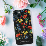 Elegant Modern Wildflowers Name on Black iPhone 13 Case<br><div class="desc">Vintage botanical illustrations of wildflowers: poppies,  daisies,  bluebells made into a pattern on dark gray charcoal or carbon black background and editable name,  initials or monogram,  for a nature and flower lover,  and a romantic soul</div>