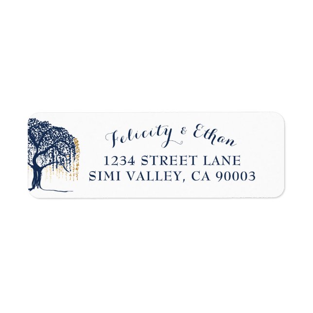 Elegant Modern Willow Tree Navy Blue Gold Wedding Label (Front)