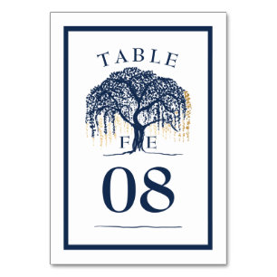 Elegant Modern Willow Tree Navy Blue Gold Wedding Table Number