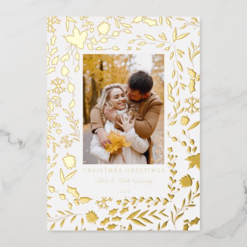 Elegant Modern Winter Botanical Photo_Gold Foil Holiday Card