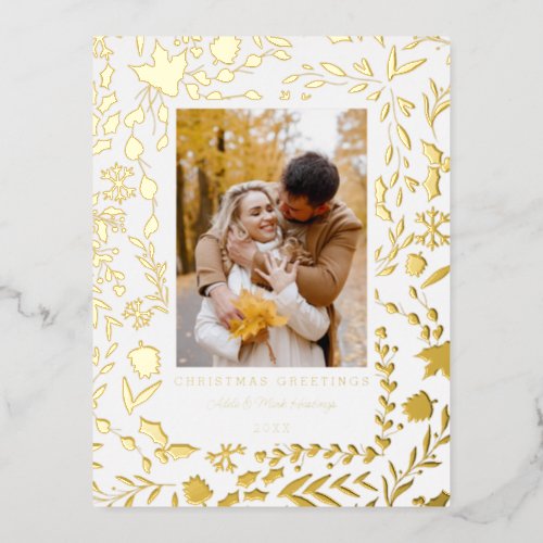 Elegant Modern Winter Botanical Photo_Gold Foil Holiday Postcard