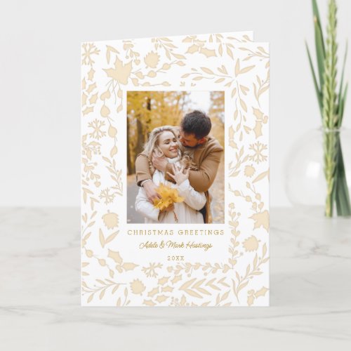 Elegant Modern Winter Botanical Photo_Gold Holiday Card