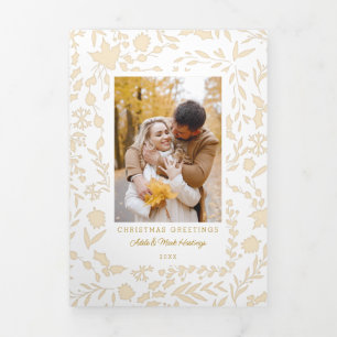 Elegant Modern Winter Botanical Photo-Gold Tri-Fold Card
