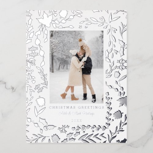 Elegant Modern Winter Botanical Photo_Silver Foil Holiday Postcard