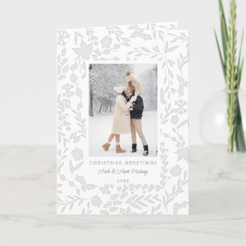 Elegant Modern Winter Botanical Photo_Silver Holiday Card