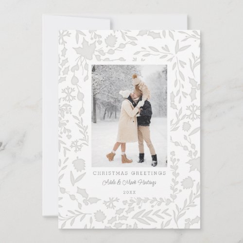 Elegant Modern Winter Botanical Photo_Silver Holiday Card