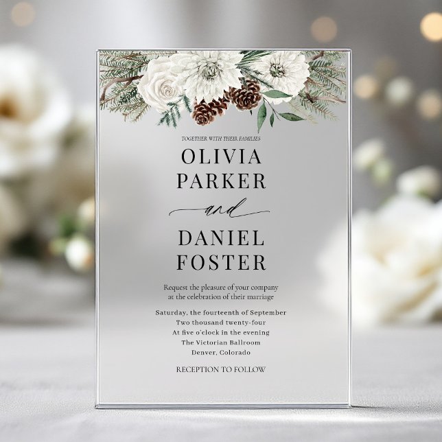 Elegant Modern Winter Evergreen Wedding Acrylic Invitations (Creator Uploaded)