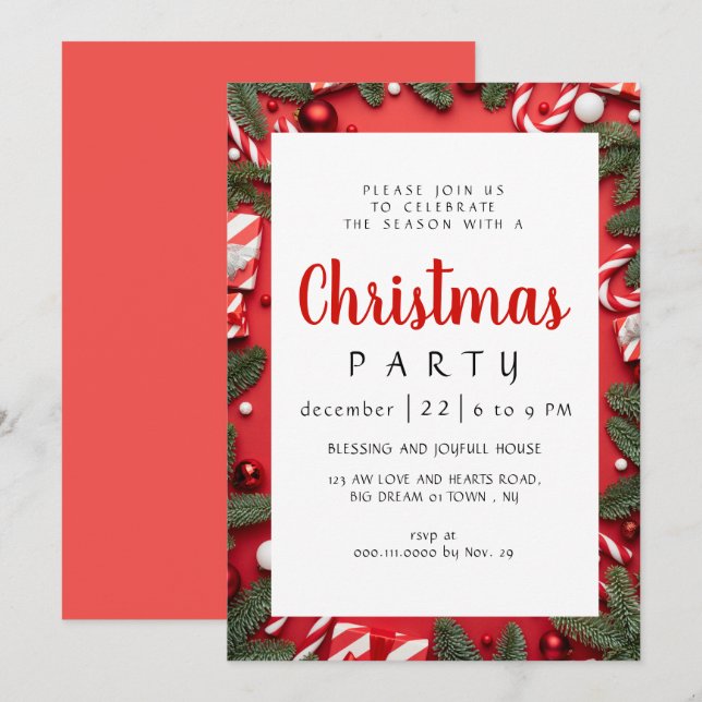 Elegant Modern Winter Greenery  Christmas Party Invitation (Front/Back)