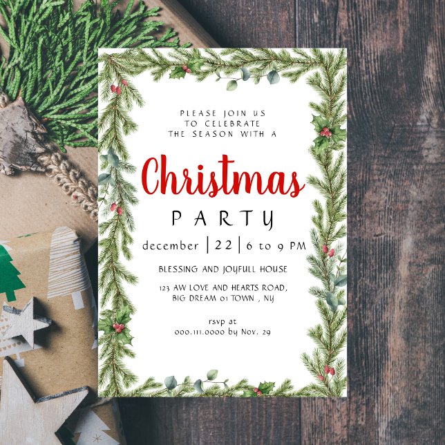 Elegant Modern Winter Greenery  Christmas Party Invitation (Creator Uploaded)