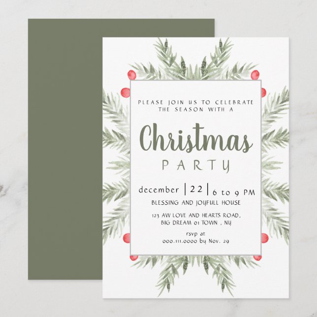 Elegant Modern Winter Greenery Christmas Party Invitation (Front/Back)