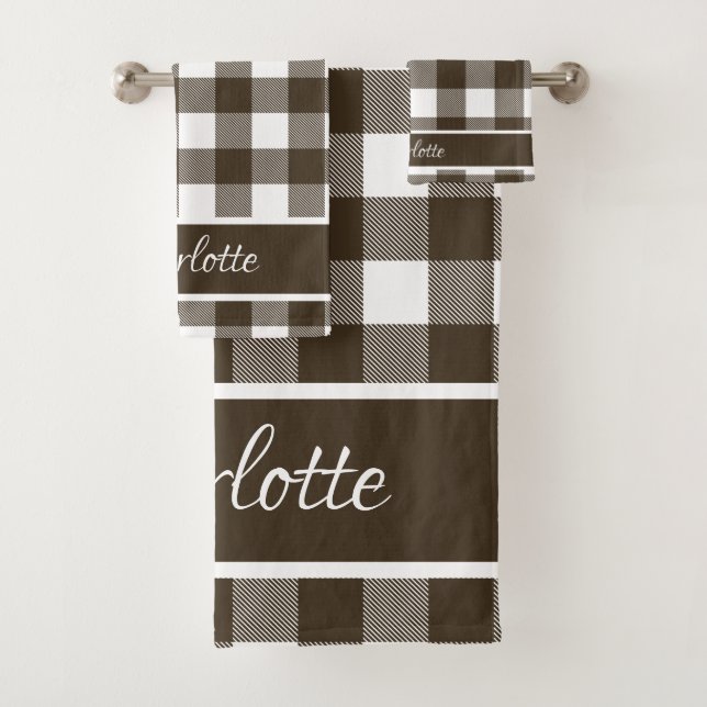 Elegant Modern Wood Brown White Buffalo Checks Bath Towel Set (Insitu)