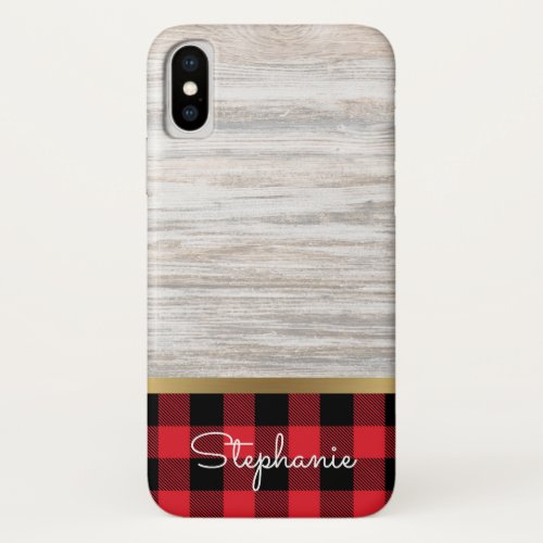 Elegant Modern Wood Gold Buffalo Plaid Name iPhone XS Case