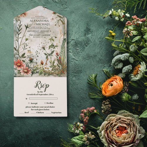 Elegant Modern Woodland Fall Floral Wedding All In One Invitation