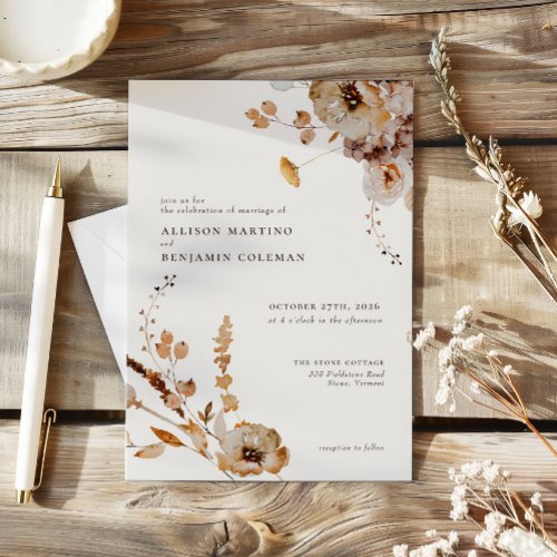 Elegant Modern Woodland Fall Floral Wedding Invitation