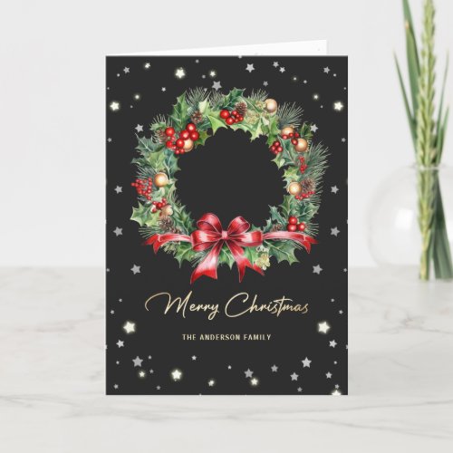 Elegant Modern Wreath Black Photo Merry Christmas Holiday Card