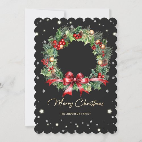 Elegant Modern Wreath Black Photo Merry Christmas Holiday Card