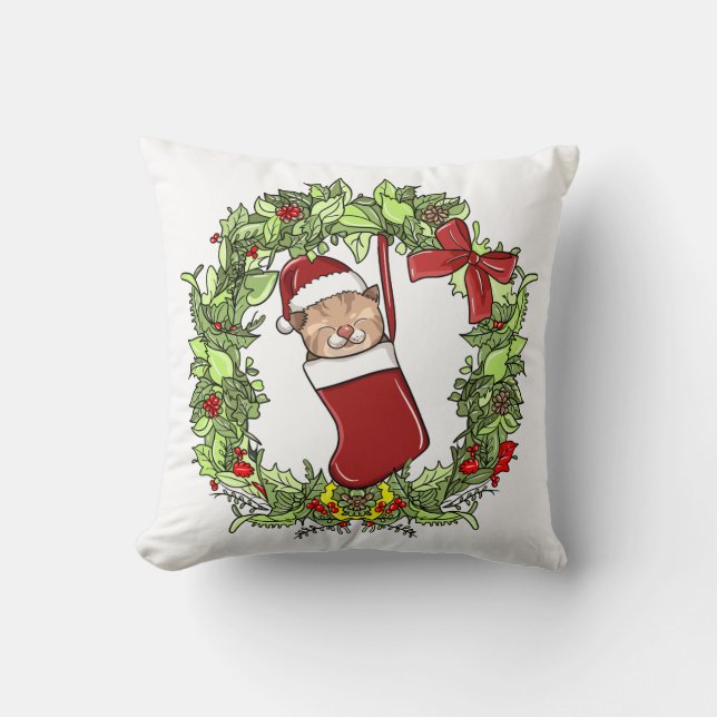 Elegant Modern Wreath Christmas Kitten in Stocking Throw Pillow (Front)