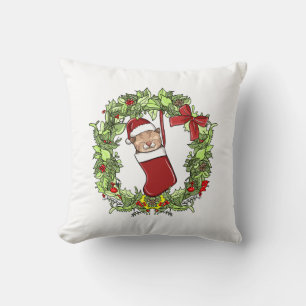 Elegant Modern Wreath Christmas Kitten in Stocking Throw Pillow