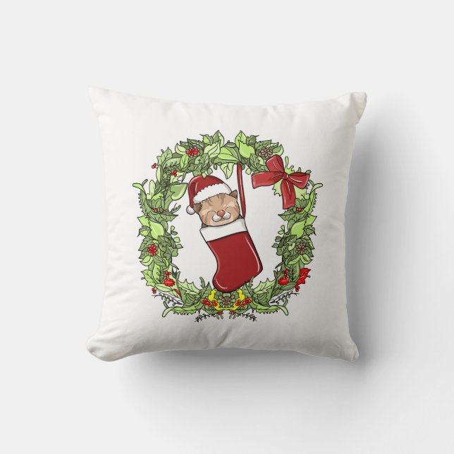 Elegant Modern Wreath Christmas Kitten in Stocking Throw Pillow (Front)
