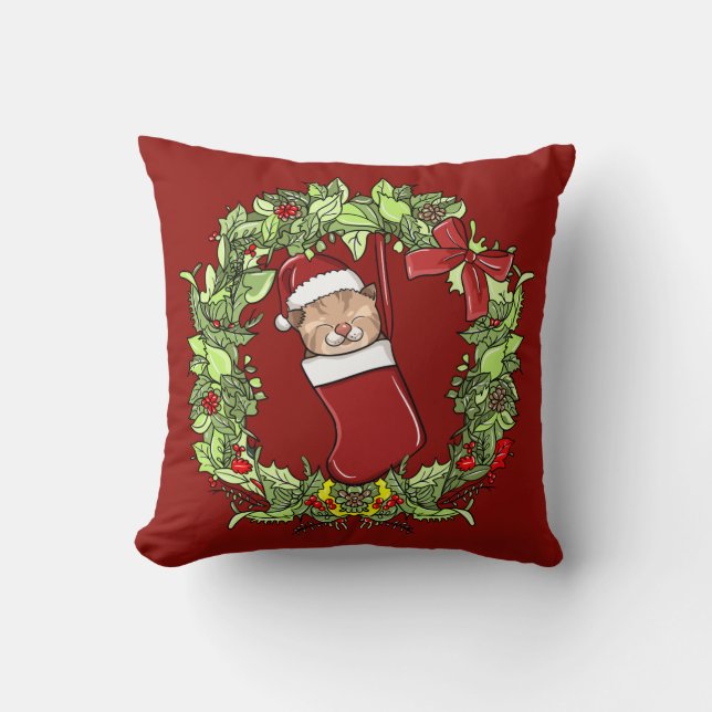Elegant Modern Wreath Christmas Kitten in Stocking Throw Pillow (Front)