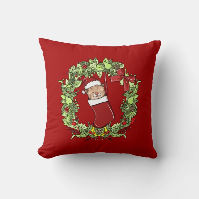 Elegant Modern Wreath Christmas Kitten in Stocking Throw Pillow (Front)