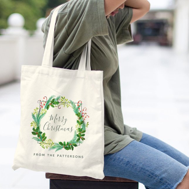  Elegant Modern Wreath Family Name Merry Christmas Tote Bag (Creator Uploaded)