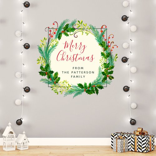  Elegant Modern Wreath Family Name Merry Christmas Wall Decal