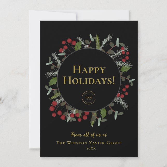 Elegant Modern Wreath Holly Corporate with logo Holiday Card (Front)