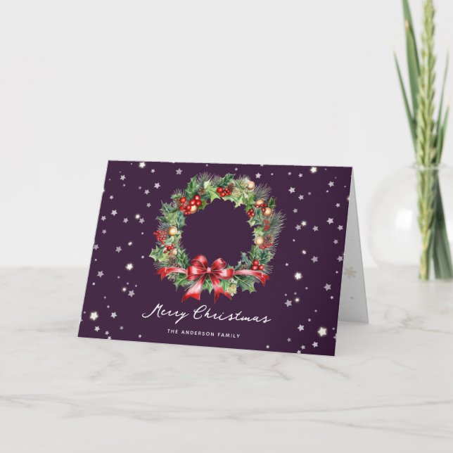 Elegant Modern Wreath Purple Photo Merry Christmas Holiday Card (Front)
