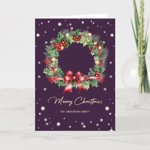 Elegant Modern Wreath Purple Photo Merry Christmas Holiday Card