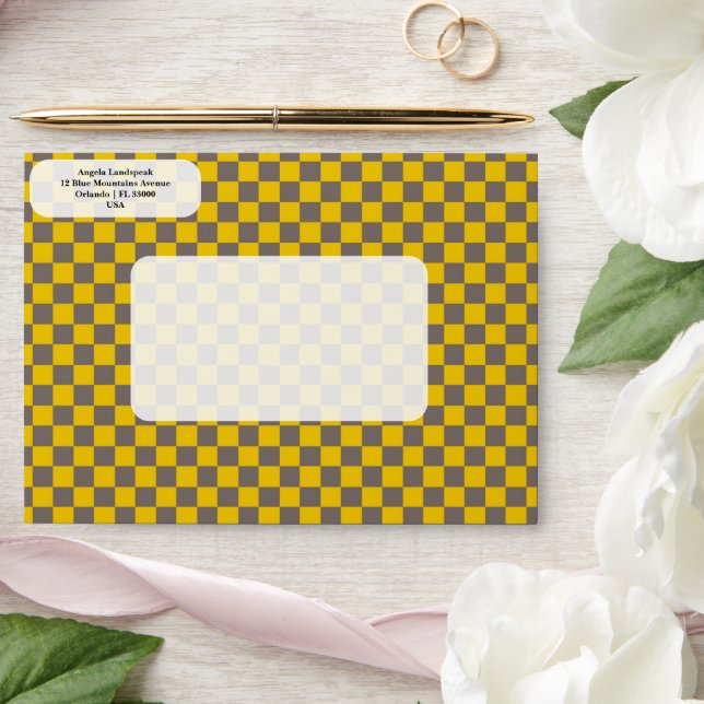 Elegant, Modern Yellow & Gray Checkered   Envelope (Wedding)