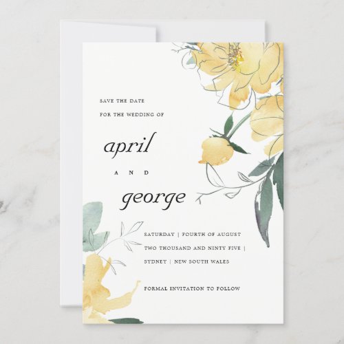 Elegant Modern Yellow Green Watercolor Floral  Save The Date