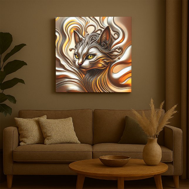 Elegant Molten Liquid Metallic Gold and Silver Cat Canvas Print (Creator Uploaded)